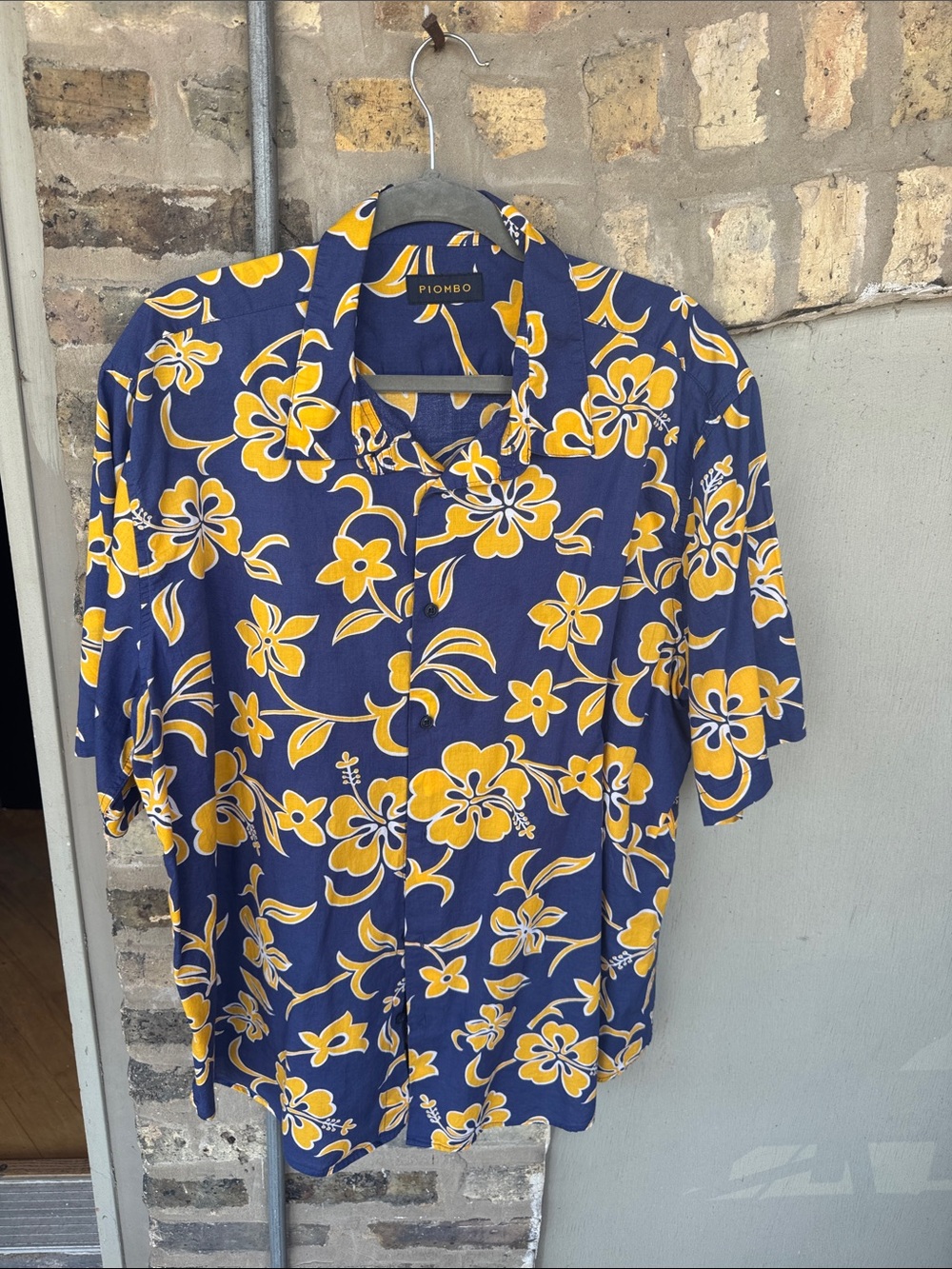 Piombo Navy and Yellow Floral Short-Sleeve Button-Down